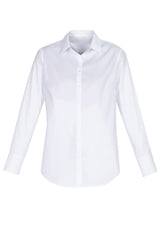 Camden Ladies Long Sleeve Shirt in white, featuring a comfortable loose fit, scooped hem, and practical stretch fabric for versatility.