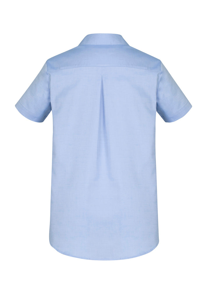 Blue Camden Ladies Short Sleeve Shirt in size 22, featuring an easy fit, scooped hem, and stretch fabric for comfort.
