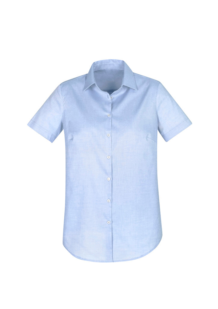 Blue Camden Ladies Short Sleeve Shirt in size 18, featuring easy-care stretch fabric and a contemporary scooped hem design.