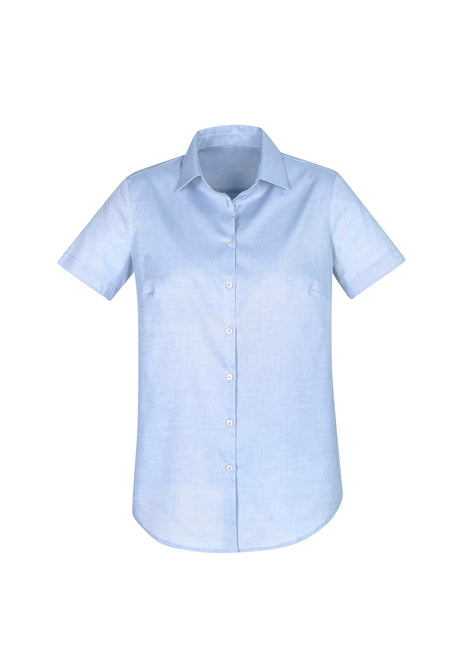 Blue Camden Ladies Short Sleeve Shirt in size 18, featuring easy-care stretch fabric and a contemporary scooped hem design.