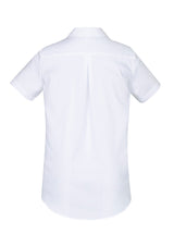 White short sleeve shirt for women, size 14, featuring easy care fabric and a flattering scooped hem design.