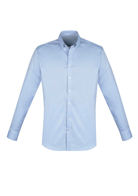Camden Men's Long Sleeve Shirt in blue, featuring a button-down collar and adjustable cuffs, made from stretch Oxford fabric.