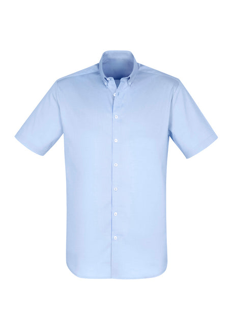 Men's 5XL blue short sleeve shirt with button-down collar and adjustable cuffs, blending comfort and style for casual wear.