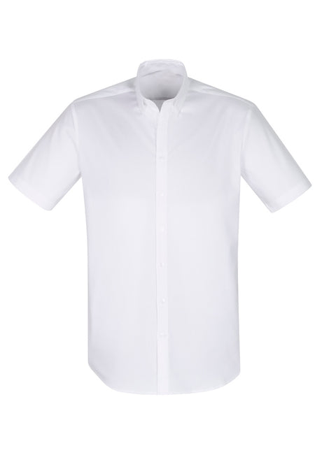 White Camden Men's Short Sleeve Shirt from Biz Collection in size L, featuring a modern fit, button-down collar, and adjustable cuffs.