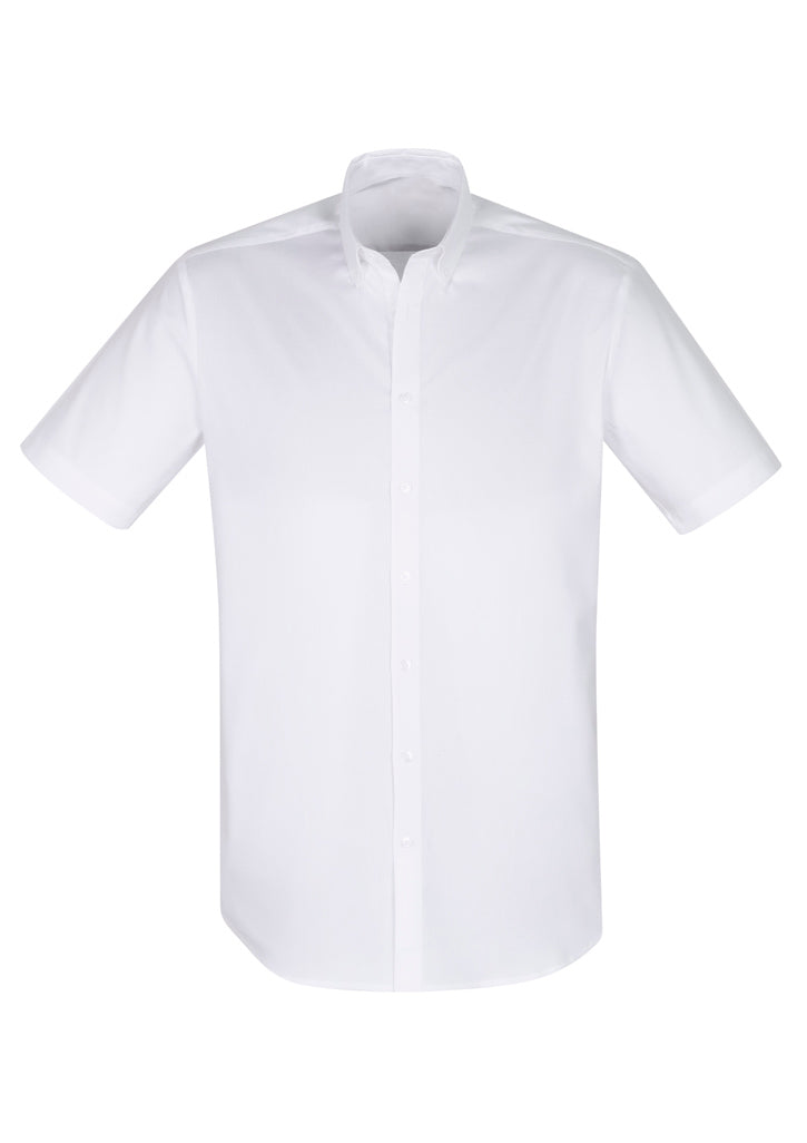White short sleeve men's shirt from Biz Collection with modern collar and adjustable cuff, crafted for comfort and style.