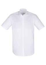 White short sleeve men's shirt from Biz Collection with modern collar and adjustable cuff, crafted for comfort and style.