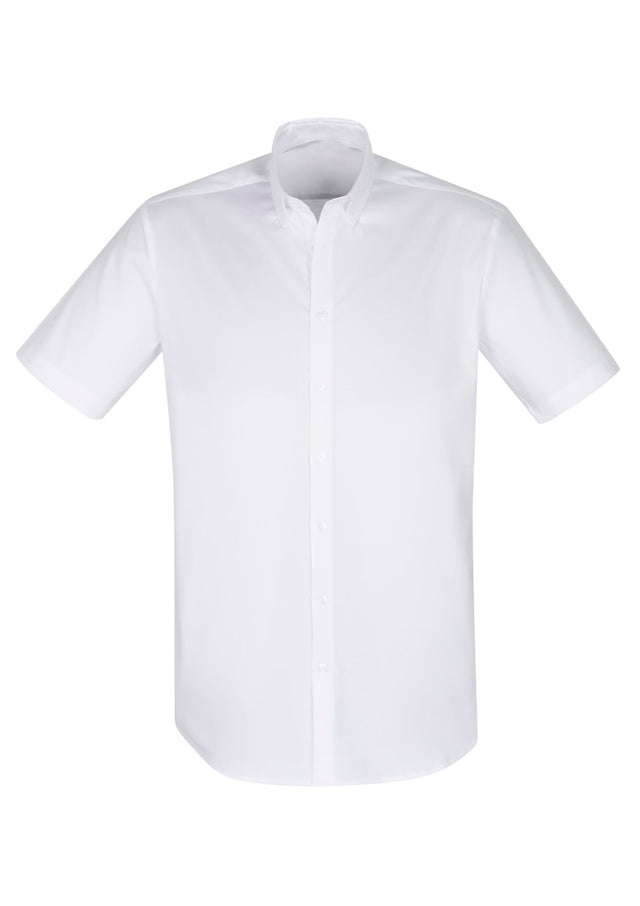 White short sleeve men's shirt from Biz Collection with modern collar and adjustable cuff, crafted for comfort and style.