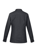 Indie Ladies Black Long Sleeve Shirt, size 8, featuring a chic collar, chest pocket, and sustainable cotton for stylish comfort.