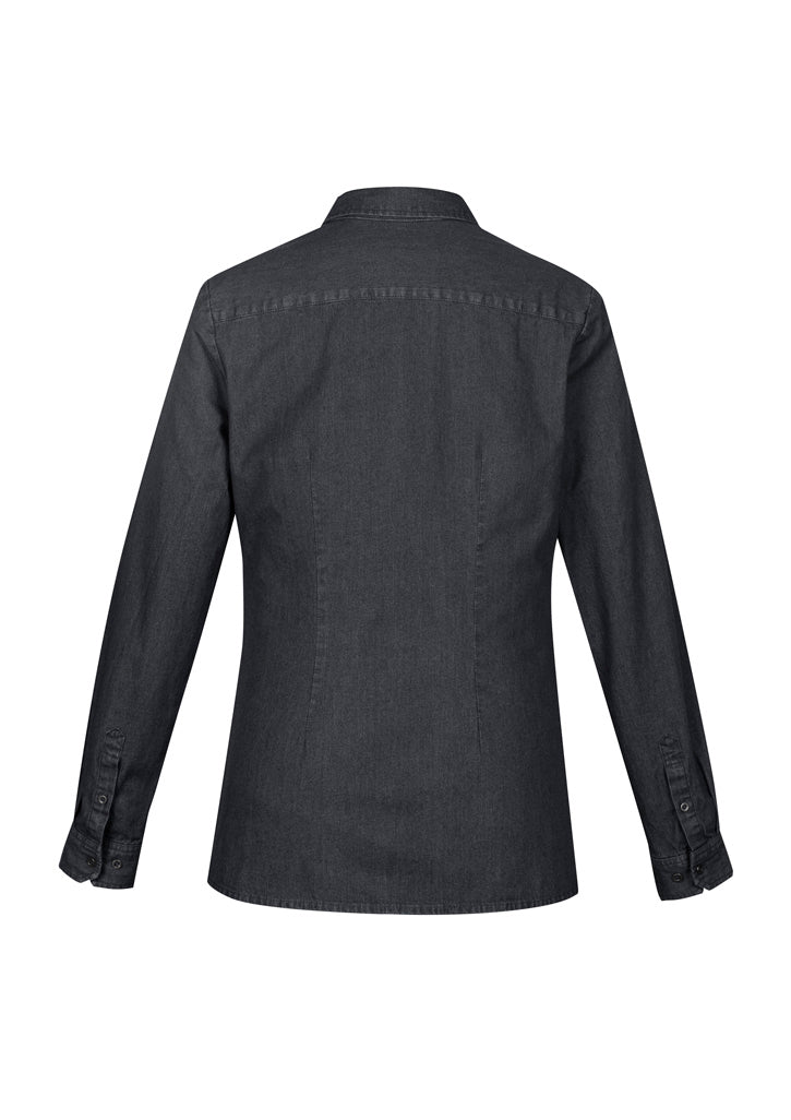 Indie Ladies Long Sleeve Shirt in black, featuring a button-down collar, chest pocket, and stylish metal-look buttons.