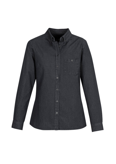 Indie Ladies Long Sleeve Shirt in black, size 6, featuring cotton fabric, button-down collar, and chest pocket for versatile style.