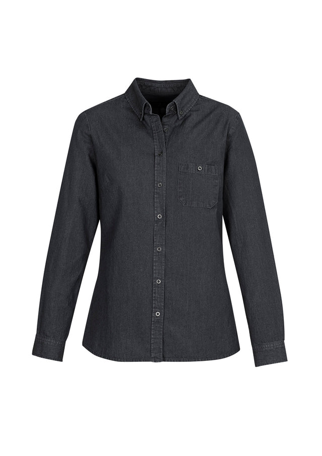 Indie Ladies Long Sleeve Shirt in black, size 18, featuring a denim finish, button-down collar, and chest pocket for style and comfort.
