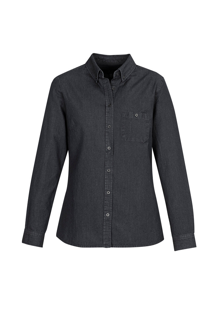 Indie Ladies Long Sleeve Shirt in black, size 14, featuring modern collar, chest pocket, and soft stonewashed denim look.