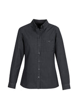 Indie Ladies Long Sleeve Shirt in black, size 14, featuring modern collar, chest pocket, and soft stonewashed denim look.