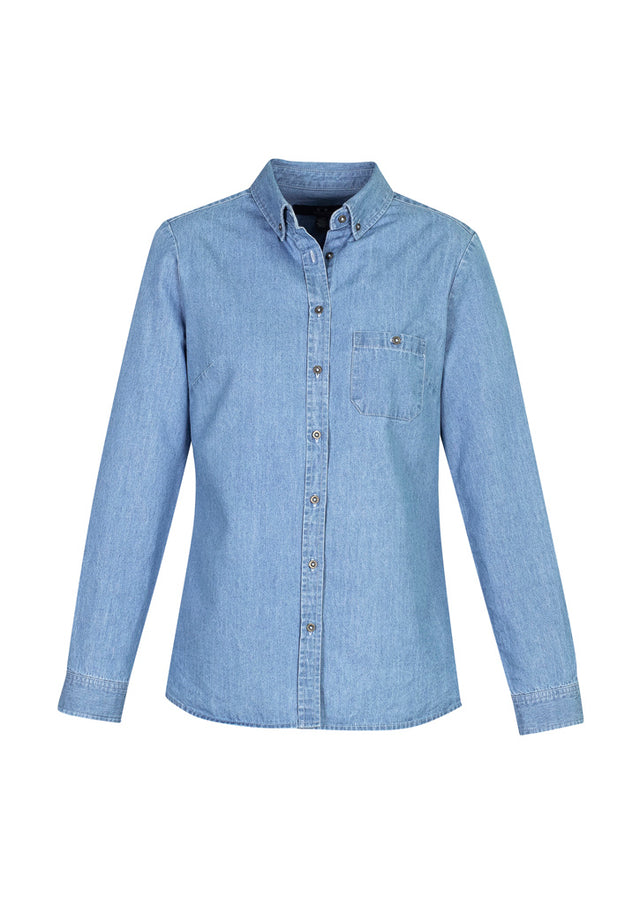 Indie Ladies Long Sleeve Shirt in blue, size 8, featuring 100% cotton, modern collar, chest pocket, and UPF sun protection.
