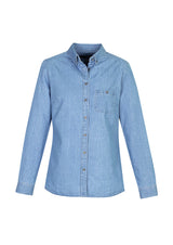 Indie Ladies Long Sleeve Shirt in blue, size 6; 100% cotton, casual chic with modern collar and chest pocket.