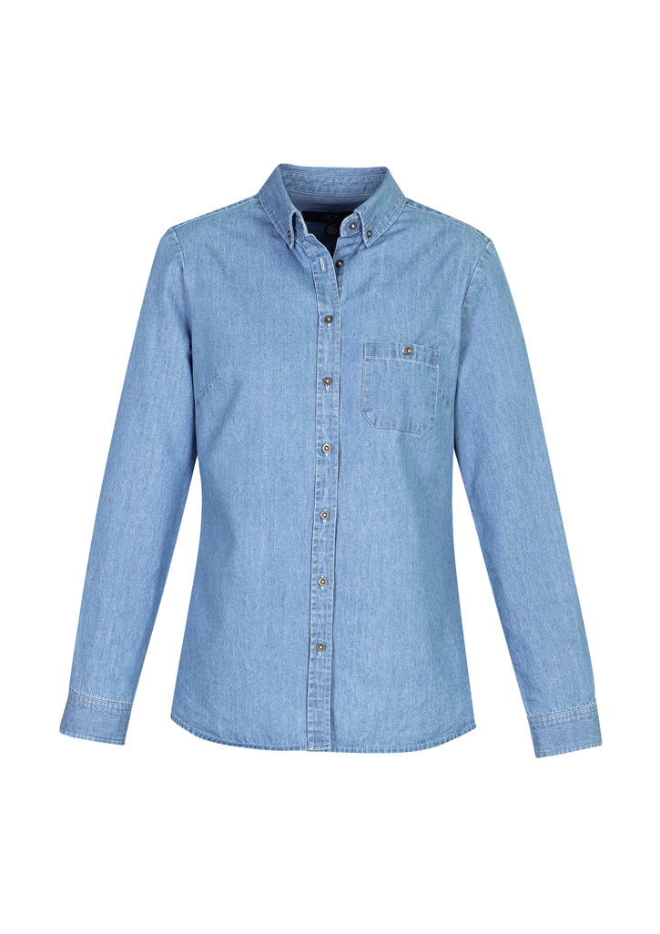 Vibrant blue long sleeve shirt with modern collar, chest pocket, and softly stonewashed denim for versatile style.