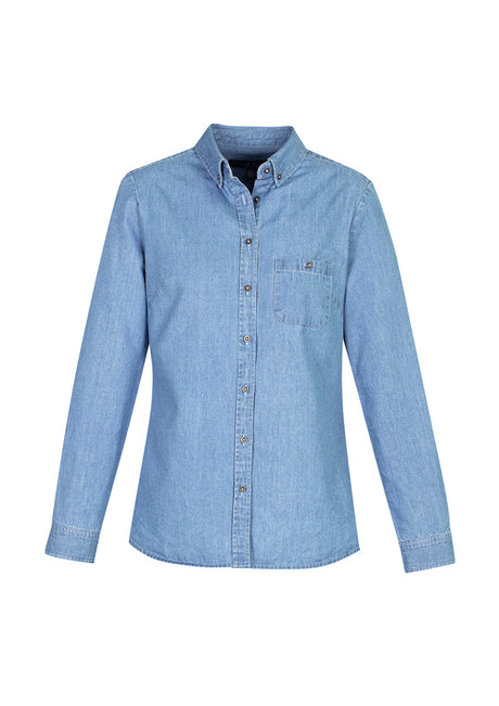 Indie Ladies Long Sleeve Shirt in blue, featuring a modern collar, chest pocket, and stonewashed denim for casual elegance.
