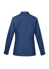 Indie Ladies Long Sleeve Shirt in Dark Blue, size 16, featuring a modern collar, chest pocket, and stonewashed denim for versatile styling.