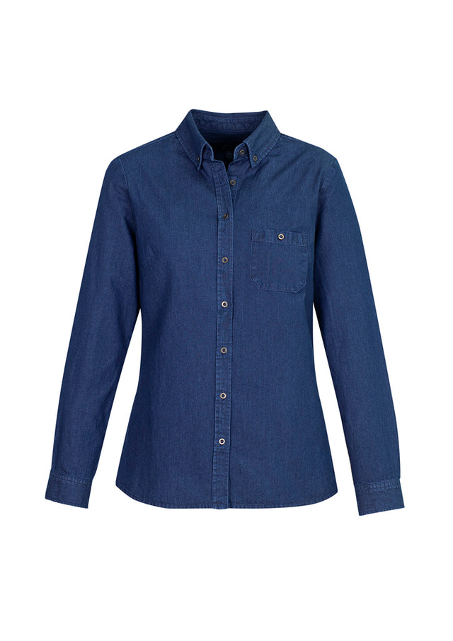 Dark blue long sleeve women's shirt from Biz Collection, featuring a button-down collar and chest pocket in a casual stonewashed style.