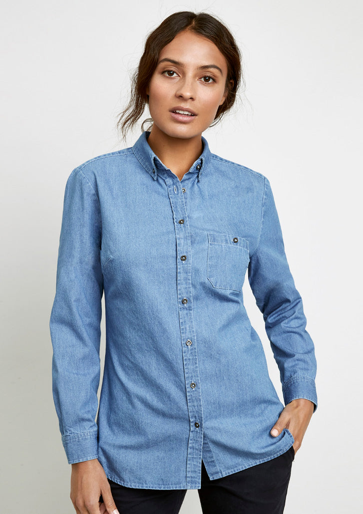 Indie Ladies Long Sleeve Shirt in blue, size 6, featuring a modern collar, chest pocket, and durable cotton fabric.