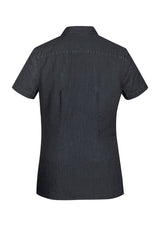 Black short sleeve Indie ladies shirt from Biz Collection, featuring a modern collar, chest pocket, and soft cotton fabric.