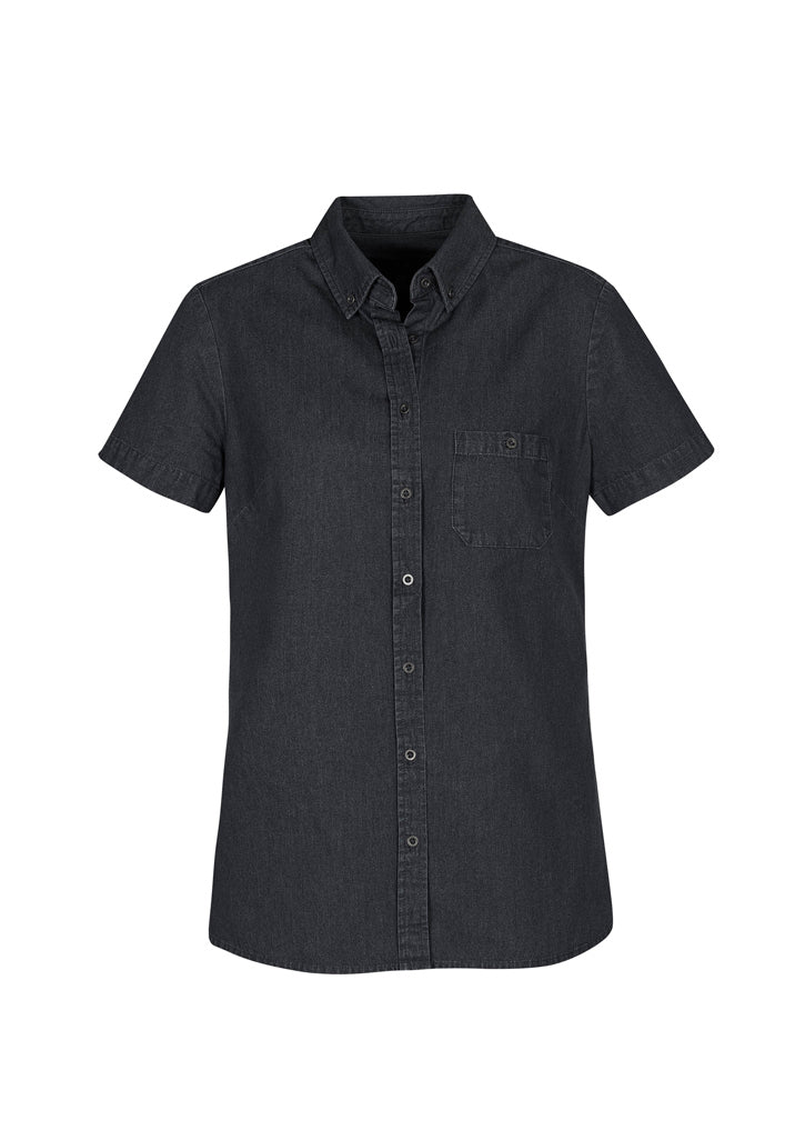 Black Indie Ladies Short Sleeve Shirt, size 8, featuring a modern collar, chest pocket, and relaxed stonewashed denim finish.