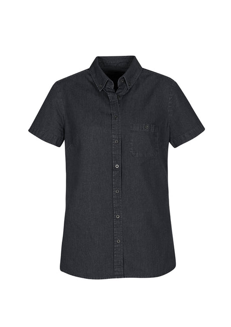 Indie Ladies Short Sleeve Shirt in black, size 6, featuring a modern collar, chest pocket, and soft stonewashed cotton fabric.