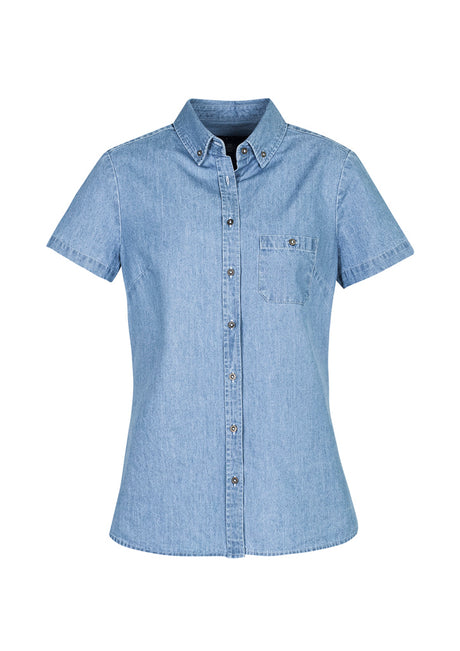 Indie Ladies Blue Short Sleeve Shirt in size 16, featuring stonewashed denim, button-down collar, and chest pocket detail.