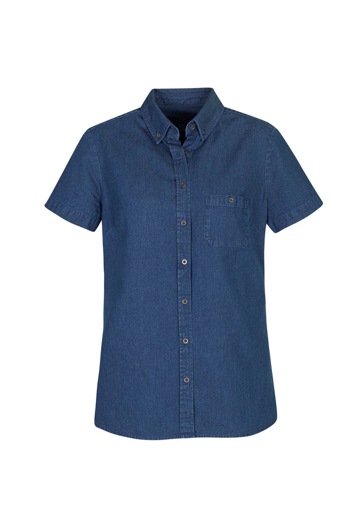 Dark blue short sleeve shirt for ladies, made from 100% cotton with a modern collar and chest pocket, ideal for casual wear.
