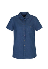 Dark blue short sleeve shirt for ladies, made from 100% cotton with a modern collar and chest pocket, ideal for casual wear.
