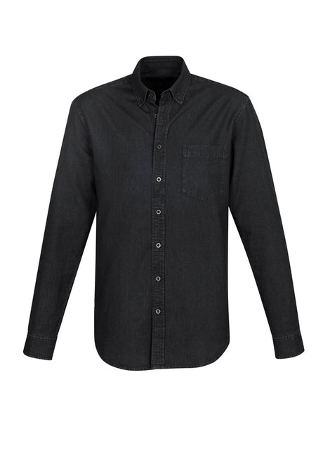 Indie Men's Long Sleeve Shirt in black, made of 100% cotton, featuring a button-down collar and chest pocket for casual style.