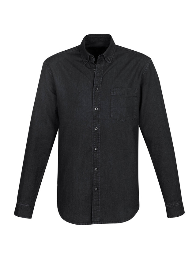 Indie Men's Long Sleeve Shirt in black, made of 100% cotton, featuring a button-down collar and chest pocket for casual style.
