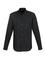 Indie Men's Long Sleeve Shirt in black, crafted from soft 100% cotton with a modern collar and chest pocket for versatile style.