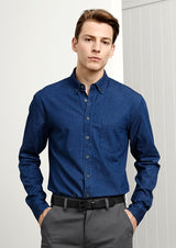 Indie Men's Long Sleeve Shirt in Dark Blue, crafted from 100% cotton with a modern design and versatile style.
