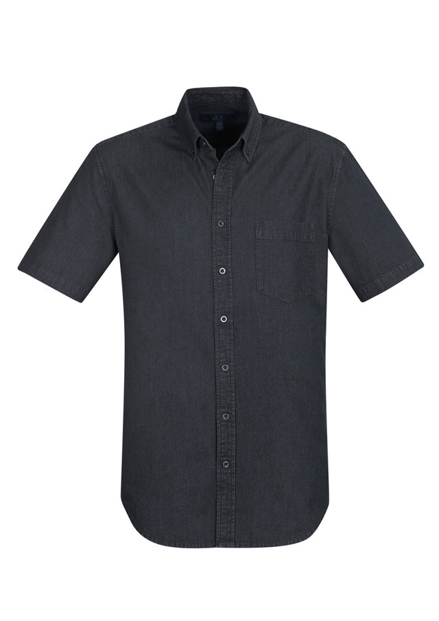 Men's black short sleeve shirt with button-down collar, chest pocket, and stonewashed denim finish for casual style.