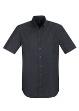 Indie Men's Short Sleeve Shirt in Black, 2XL, featuring stonewashed denim, UPF protection, and a modern button-down collar.