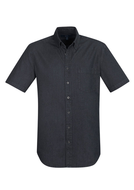 Black Indie Men's Short Sleeve Shirt in 3XL with button-down collar, chest pocket, and stonewashed denim look.