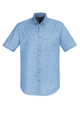 Indie Men's Short Sleeve Shirt in blue, featuring breathable cotton, modern collar, chest pocket, and stylish metal-look buttons.