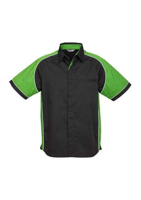 Men's Nitro Shirt in Black, Green, and White, Size 3XL, featuring contrast panels, concealed placket, and side splits for mobility.