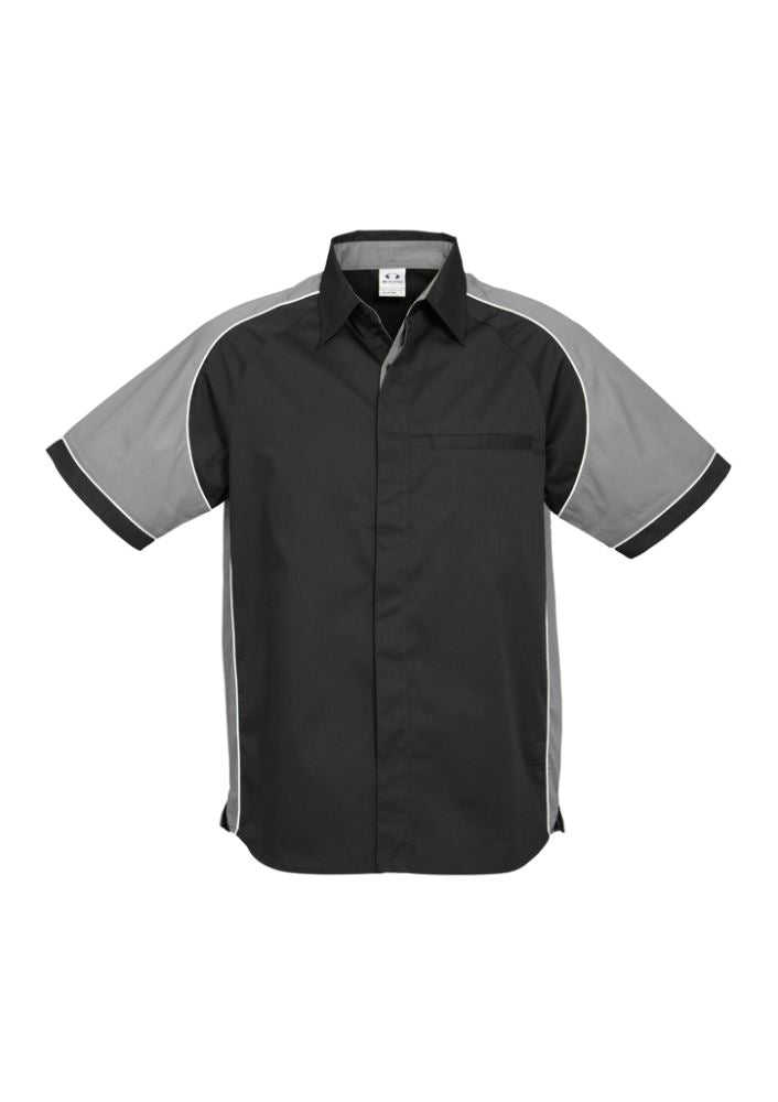 Men's Nitro Shirt in black, grey, and white, size L, featuring a concealed placket, piping detail, and side splits for comfort.