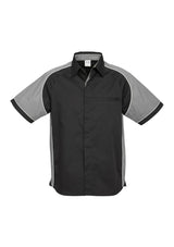 Men's Nitro Shirt in black, grey, and white, size L, featuring a concealed placket, piping detail, and side splits for comfort.