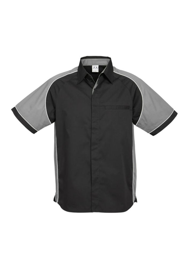 Men's Nitro Shirt in black, grey, and white, size L, featuring a concealed placket, piping detail, and side splits for comfort.