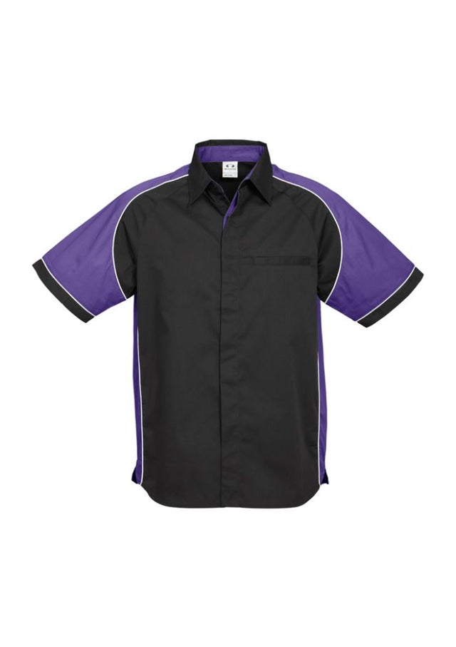 Men's Nitro Shirt in Black, Purple, and White, featuring contrast panels, side splits, and a concealed placket, size L.