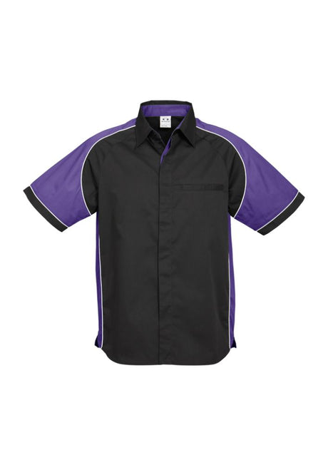 Stylish Men's Nitro Shirt in Black, Purple, and White, featuring a concealed placket, jet pocket, and comfortable fabric.