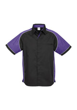 Men's Nitro Shirt in Black/Purple/White, size M, featuring contrast panels, stylish piping, concealed placket, and a jet pocket.