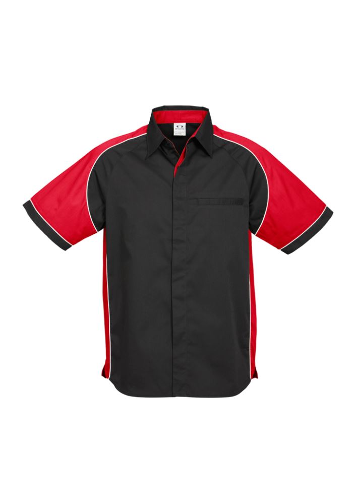 Mens Nitro Shirt in Black, Red, and White with contrast panels, concealed placket, and jet pocket, size L from Biz Collection.