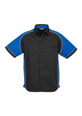 Mens Nitro Shirt in Black, Royal, and White, featuring contrast panels, piping, and a concealed placket, size 5XL.