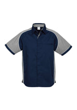 Men's Nitro Shirt in navy, grey, and white with contrast panels, concealed placket, and side splits for comfort and style.