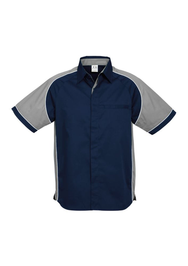 Men's Nitro Shirt in navy, grey, and white with contrast panels, concealed placket, and side splits for comfort and style.