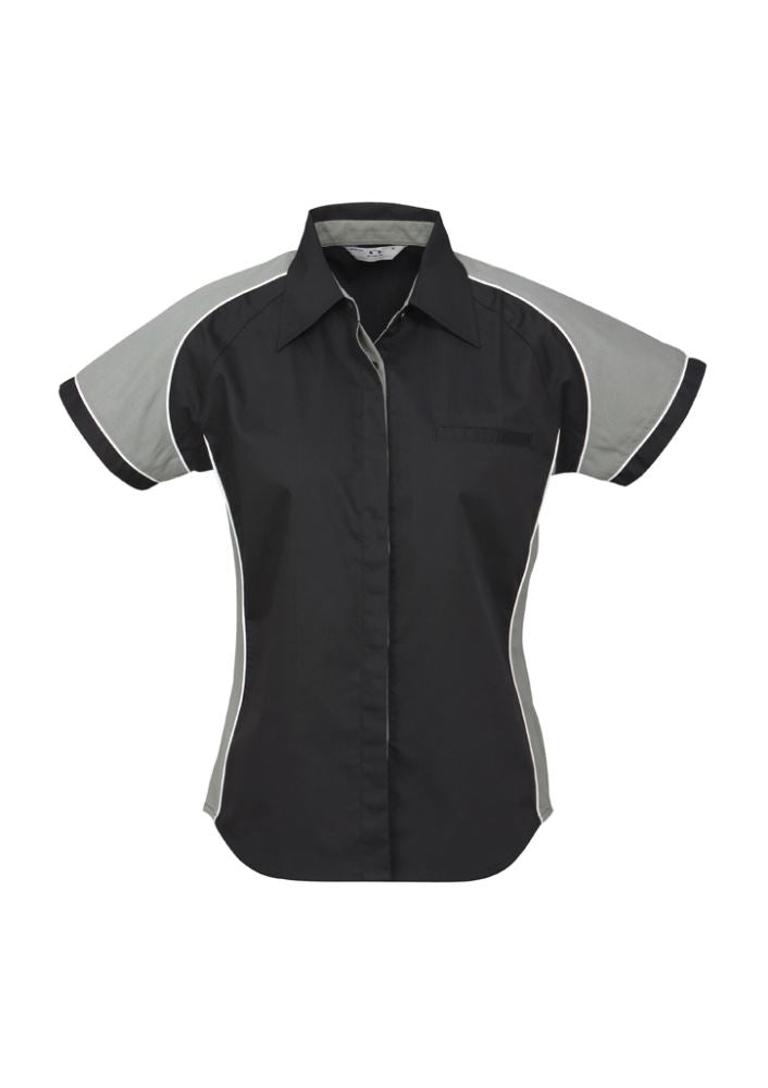 Ladies Nitro Shirt in black, grey, and white for size 24 women, featuring contrast panels, concealed placket, and jet pocket.